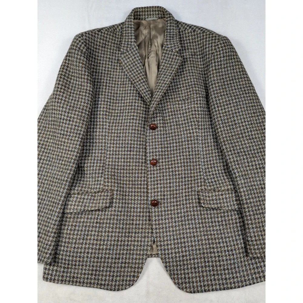 Vintage Harris Tweed Brown Houndstooth Scottish Wool Mens Blazer Size 44R‎